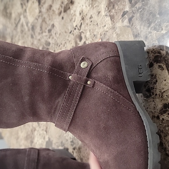 UGG Jillian Shearling Knee Boots Suede Leather Tall Brown Sheepskin Wint… - Picture 7 of 10